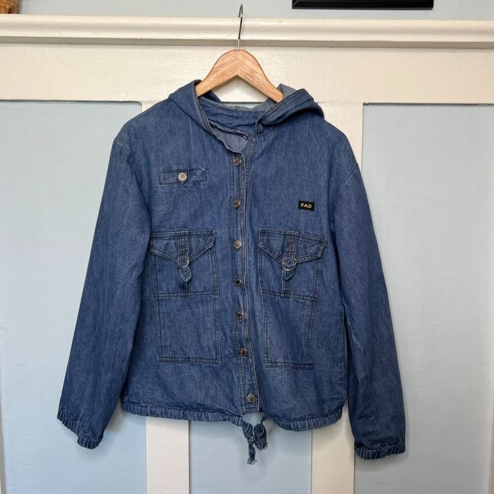 Fad Blue Denim Hooded Jacket With Front Button Closure & Adjustable Hem